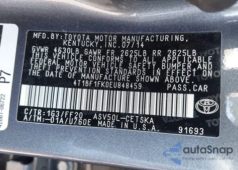 2014 Toyota Camry L/Le/Se/Se Sport/Xle из США, поврежденный, VIN 4T1BF1FK0EU848459